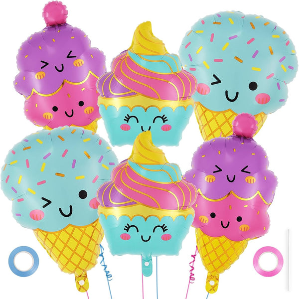 YOTHORN 6 Pcs Ice Cream Balloons, Giant Ice Cream Cone Foil Balloon for
