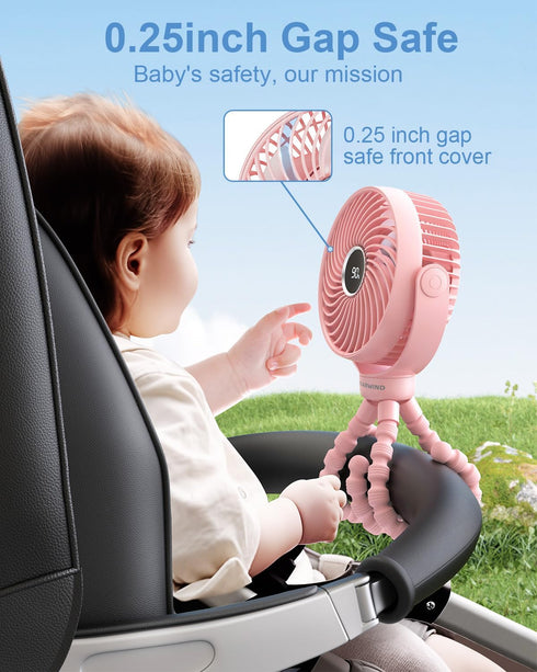 Portable Stroller Fan with LED Night Light, Rechargeable Battery Clip-On Fan for Travel, Baby Pram (Pink)