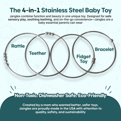Jangles - Made in USA Stainless Steel Baby Rattle, Teether, Teething Bracelet & Fidget Toy Heirloom Quality, Safe