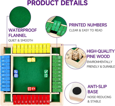 1-4 10 Players Shut The Box Dice Game, Numbers Traditional Wooden Pub Bar Board Game, Family Classics Tabletop Version