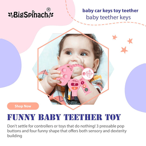 Baby Teething Keys Toys 6 to 12 Months - Gothic Car Keys Baby Teether Combo Set (KEY, Pink)