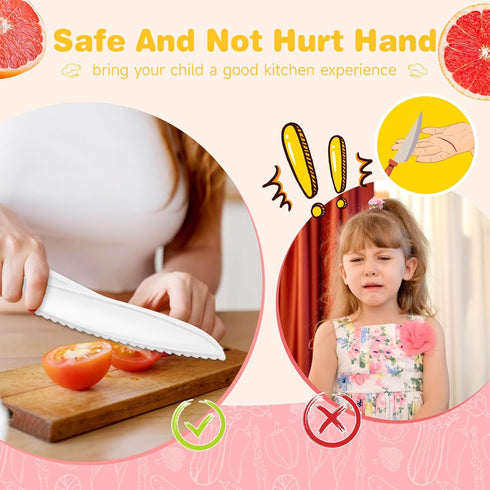 Set 2-10 Suhctuptx Kids Knife for Real Cooking, Kids Kitchen Knives with Cutting Board Crinkle Cutters Cleaning Tools