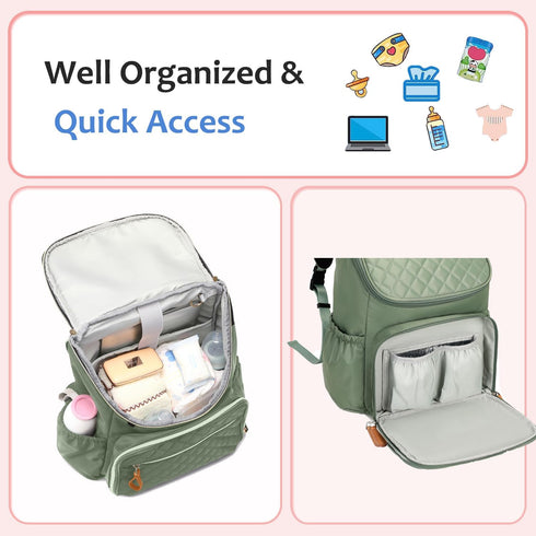 Backpack LORADI Lightweight Diaper Bag with Stroller Clips, Insulated Pockets, Baby Shower Essentials (Classic, Green)