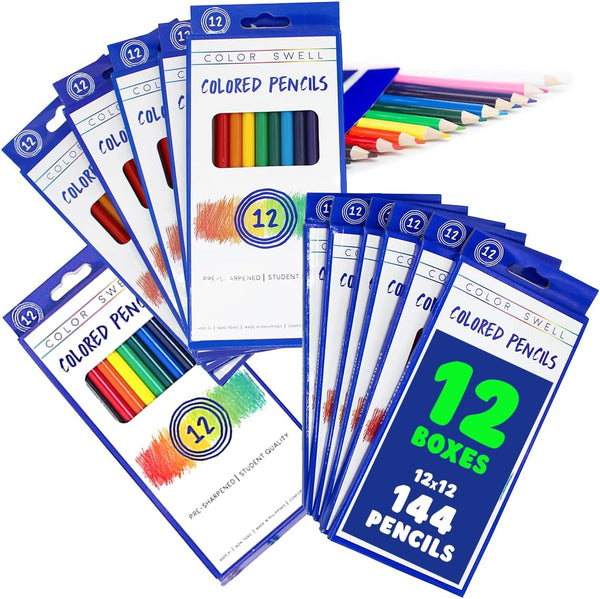 Color Swell Bulk Colored Pencils 12 Sets, 144 Pre-Sharpened Assorted Vibrant Colors