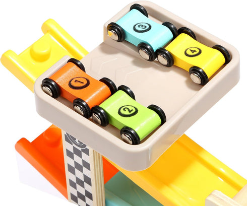 TOP BRIGHT Wooden Car Ramp Race Track Toy - Toddler Car Playset with 12 Pack Replacement Cars