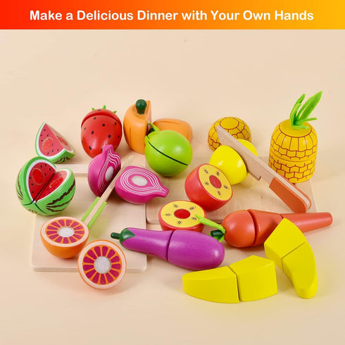 35PCS FUN LITTLE TOYS Wooden Play Food for Kids Kitchen, Pretend Cutting Food Toys with Wooden Tray, Dishes and Knife
