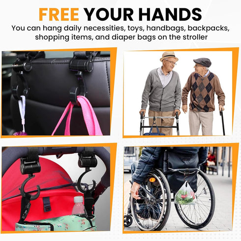 DALQUIS 7PCS 2X 360 5X Stroller Hanging Hooks Kit, Degree Rotating Walker Hook and Pram Buggy Clips for Diaper Bag