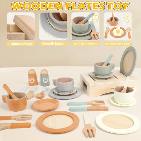 Set, 27 3 4 5 6 Wooden Play Dishes and Plates for Kids Kitchen PCS Wooden Play Kitchen Accessories, Kitchen Toy