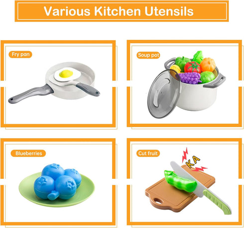 35Pcs Kids Kitchen Toy Accessories, Toddler Pretend Cooking Playset with Pots, Pans, Utensils, and Toy Food (White)