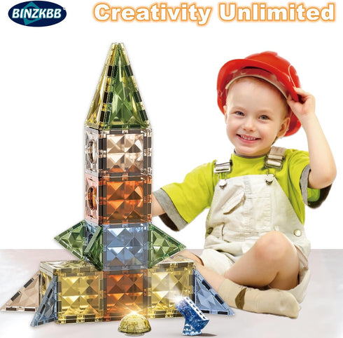 BINZKBB Magnetic Tiles 110 Pieces - 3D Lighted Magnet Building Blocks for Kids, Educational Sensory Stack Toys