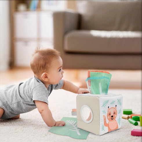 Fun Baby Tissue Box with Mirror, Soft Montessori Toy with Crinkle Paper & Fabric Tissues for Newborns 6-12+ Months
