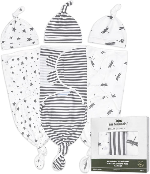 Jam Naturals- Organic Knotted Tie Bottom Adjustable Velcro Swaddle and Hat Set
