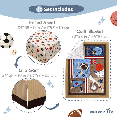 Set 3PCs Set Sets 38x24 Wowelife Sports Mini Crib Bedding Boys Brown Mini Crib Comforter Basketball Baseball Rugby
