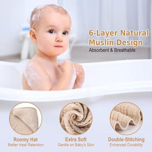 ZOLLEFY 2 Pack 32x32 Inches Baby Hooded Bath Towel Muslin Cotton Brown and Misty Blue Neutral Style Elegant Colors