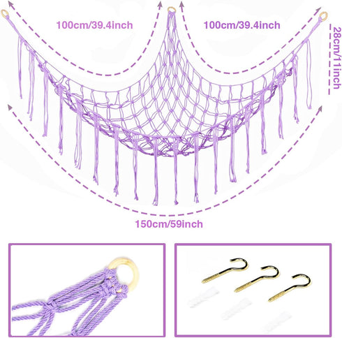 Boho Stuffed Animals Net or Hammock Large,55 inch Toy Hammock Macrame Stuff Animal Storage Corner Hanging Net Holder,Mesh Hammock Plush Toy Organizer with Hooks for Bedroom,Nursery (Purple) by YELIENM