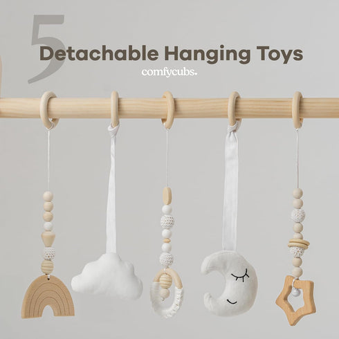 5 Comfy Cubs Wooden Baby Play Gym - Natural Finish Pinewood Baby Activity Gym with Sensory Hanging Toys - Easy No-Tool