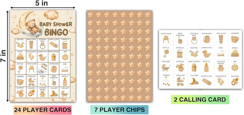 Bear Baby Shower Bingo Party Game Cards, Moon and Stars Themed Gender Reveal Bingo Games, Pregnancy Announcement Favors Decorations, 24 Players for Adult Party Supplies -01