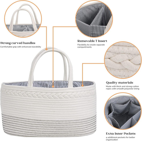 Luxury Little Diaper Caddy Organizer, Extra Large Cotton Rope Nursery Basket for Baby Diaper Storage, Portable Car