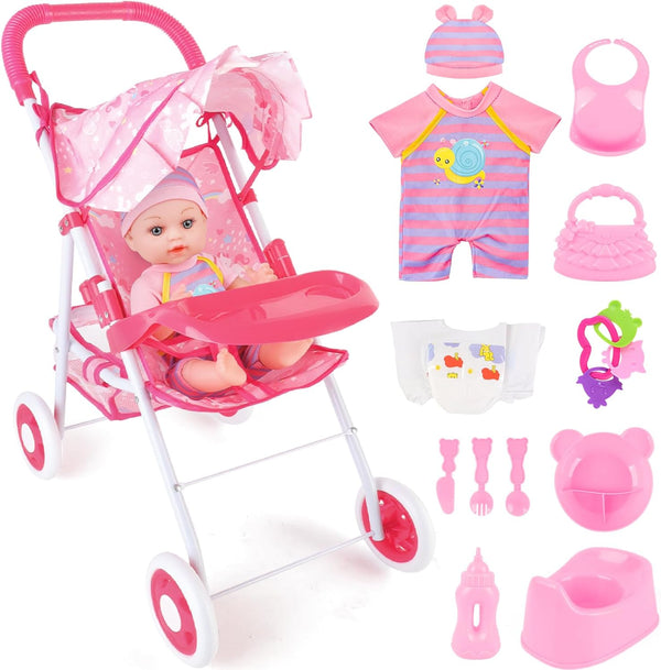 deAO Baby Doll Stroller 12" Baby Doll Set with Foldable Stroller 15