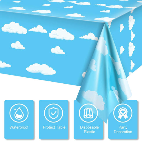 Tatuo Blue Sky White Clouds Birthday Party Supplies - Cartoon Tablecloth and Banner for Baby Kids Shower, 54 x 108 Inch