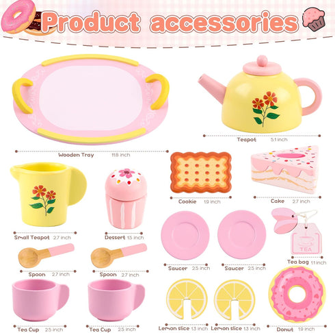 Sets 3-5, Set 4-6, Set 3-6 Wooden Tea for Toddlers Tea Party for Little Girls Toddler Tea with Teacups, Dessert Food