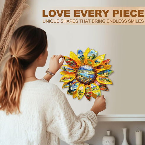 245 13.4 13.1in Wooden Sunflower Puzzles Adults, Flower Shaped Wood Puzzle Pieces, Oil Painting Puzzles, Christmas