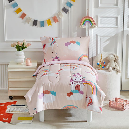 4 Set Set 1 Set 1 1 1 Pieces Toddler Bedding for Girls Light Pink Unicorn Toddler Bed - Soft Castle Rainbow Cute