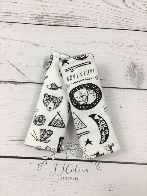 Reversible Black & White Woodland Fabric Baby Car Seat Strap with Minky Dot