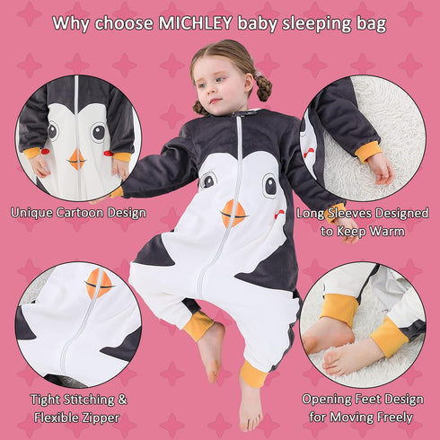 Girls,Penguin,5-6Years MICHLEY Baby Sleeping Bag Sack Long Sleeve with Feet Winter Swaddle Wearable Blanket for Boys