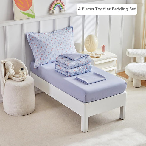 Set Boys,4 Sets,Blue Set,Include DuShow Toddler Bedding for Girls and Piece Bed-in-a-Bag Toddler Comforter Floral Crib