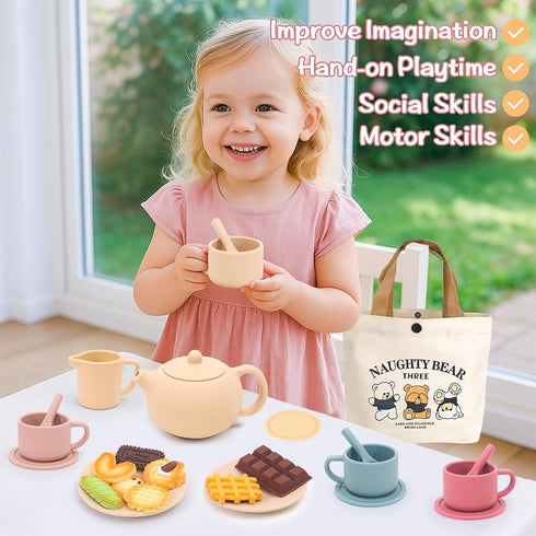 Set Set 3 4 5 6 Silicone Tea Party for Little Girls Kids Toddlers Tea with Tea Pot Cups Food Pretend Play Kitchen