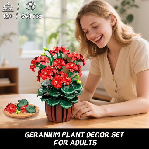 Set 548PCS 12+ CUBIMANA Flowers Geranium Botanicals Building - Artificial Bonsai Plants for Home Office Decor Display