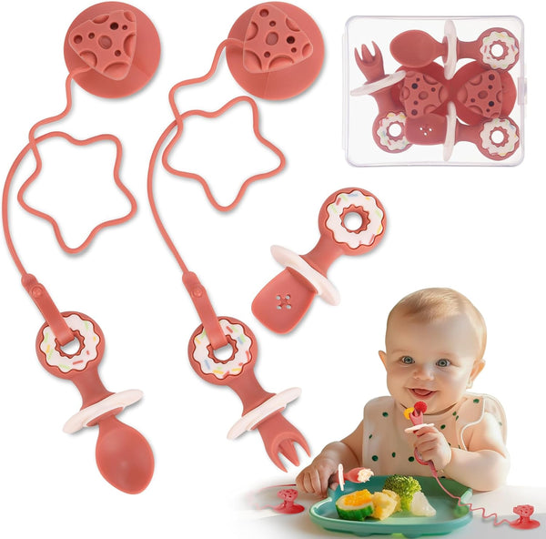 3 Pack Baby Fork and Spoon Set, Suction Baby Self Feeding Utensils for 6-12 Months, Silicone Feeding Supplies