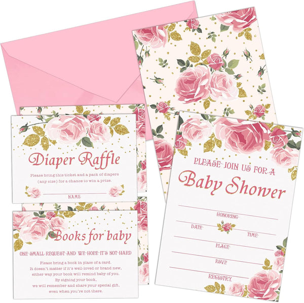 Marspark Set of 25 Pink Floral Baby Shower Invitations, Diaper Raffle Tickets