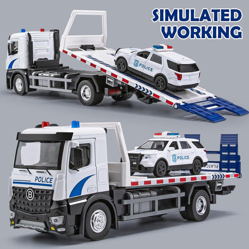 12.5" HAPYAD Police Tow Truck Toy Metal Cab, Flatbed Tow Truck Toys for Boys with Lights and Siren Sounds, Friction