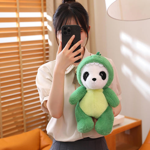 Cute Stuffed Panda Animal, 12 Inch Plush Toy Cosplay as Pink Dinosaur, Soft Panda Plushies for Kids