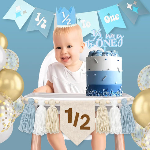 Vnysh 1/2 4PCS 6 Set 1/2 6 Birthday Boy Half Birthday Decorations Khaki Month Party with Way to One Banner, Halfway