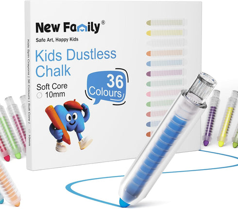 NewFamily 36-Color Dustless Chalk with Holders, Non-Toxic Washable Sidewalk & Blackboard Chalk