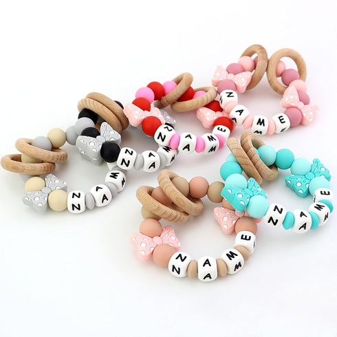 Personalized Baby Teether Ring with Name Custom Silicone Rattle Teething Bracelet with Natural Beech Wood Customizable