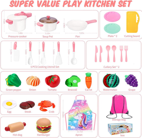 Kids Play Kitchen Accessories Set, Pretend Play Cooking Toys Set, Kitchen Toys Playset for Toddlers with Fake Play Food