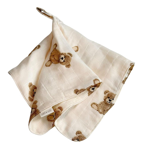 Ali+Oli Security Blanket for Baby Teddy Bear Pacifier Holder, Soft Muslin Cuddle