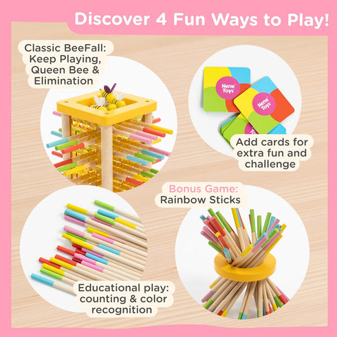3+ 4-in-1 Nene Toys BeeFall Wooden Tower Game for Kids Stick Drop Bee Game with Dice & Action Cards, Rainbow Sticks