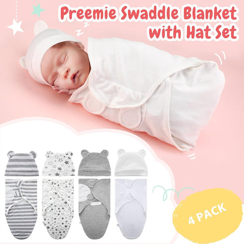 4 Pack Set 3-7 Lbs Buryeah Preemie Swaddle Blanket Wrap with Hat for Baby Boys Girls Preemie Newborn Clothes Sleepers