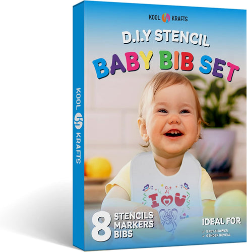 Baby Bibs Set - 8 Bibs, 8 Fabric Markers, 8 Stencils, 2 Ply Knit Terry Solid White Feeder Bibs - Baby Gifts Registry