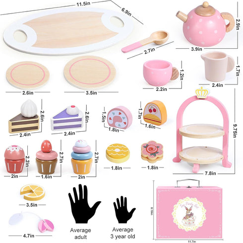 Set Set 2-5 Wooden Tea Party for Little Girls, Toddler Girl Gifts Princess Tea Time Toys, Wooden Tea Food Dessert, Kids
