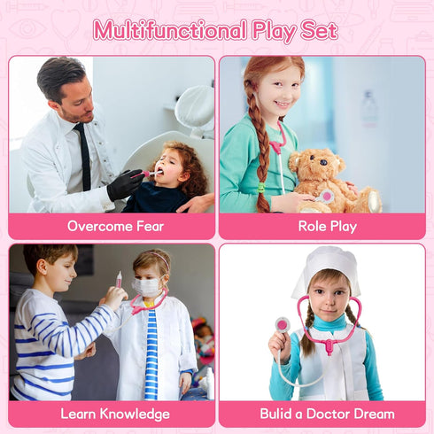 Pink Doctor Kit for Toddlers 3-5 - Pretend Doctor Play Set with Cart, Stethoscope, and Thermometer for Kids 6-8