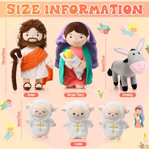 HyDren 6 Pcs Christian Religious Plush Doll Set, 11 Inch Jesus Plush with Virgin Mary, Donkey, Lambs, Stuffed Jesus