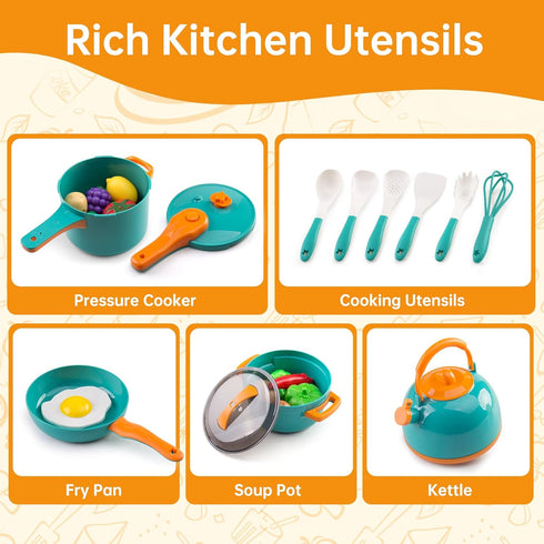 Zero Zoo 120Pcs Playset Mini Play Kitchen Accessories, Kids Pretend Cooking with Desserts, Cuttable Veggies & BBQ