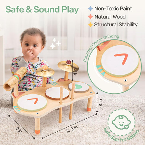 Set WINGYZ Kids Drum for Toddlers, All-in-One Montessori Musical Instruments - Wooden Music Toys for Baby, Neutral