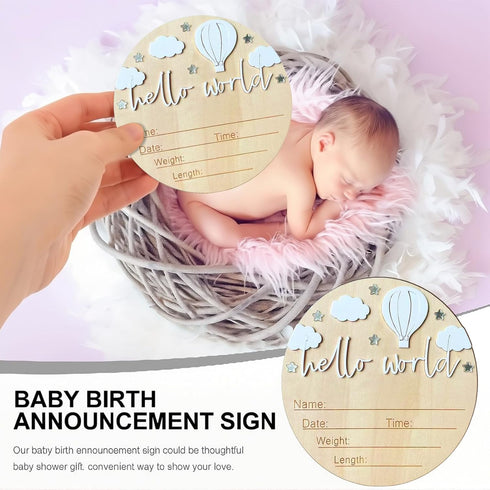 5.9 Inch Baby Announcement Sign, Wooden Hello World Newborn Signs, Birth Announcement Sign and Pen, Hot Air Balloon